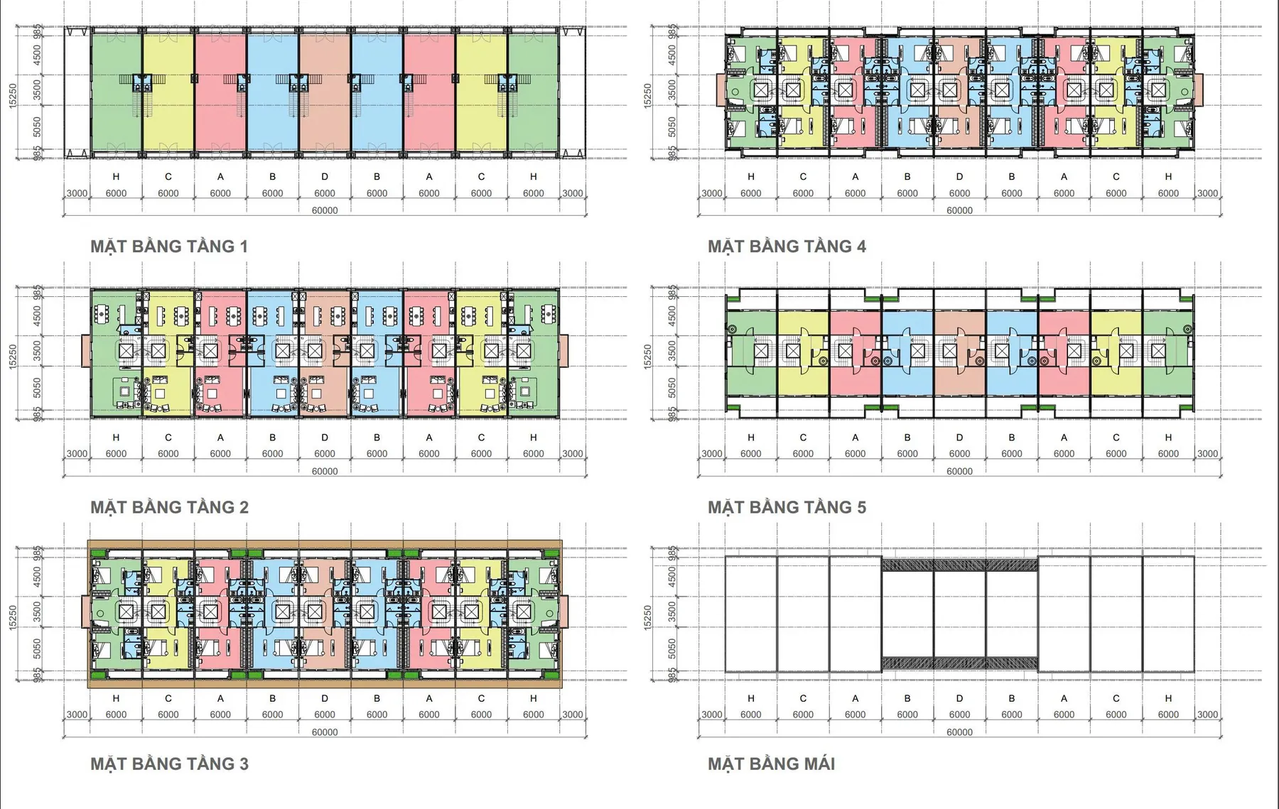 Mặt bằng tầng 1 đến tầng mái của một dãy shophouse