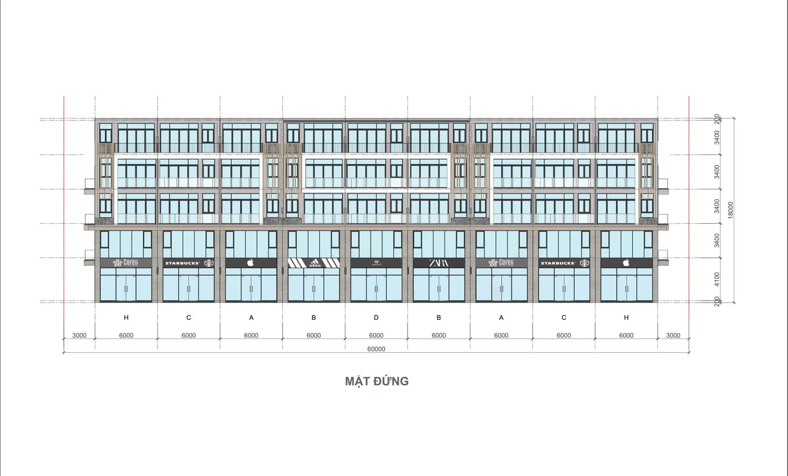Bản vẽ mặt đứng dãy shophouse 5 tầng