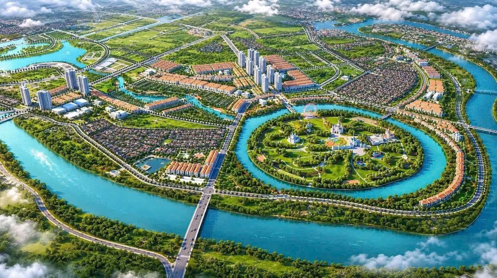 Phối cảnh tổng thể dự án với bán đảo, sông Cầu và các tòa cao tầng