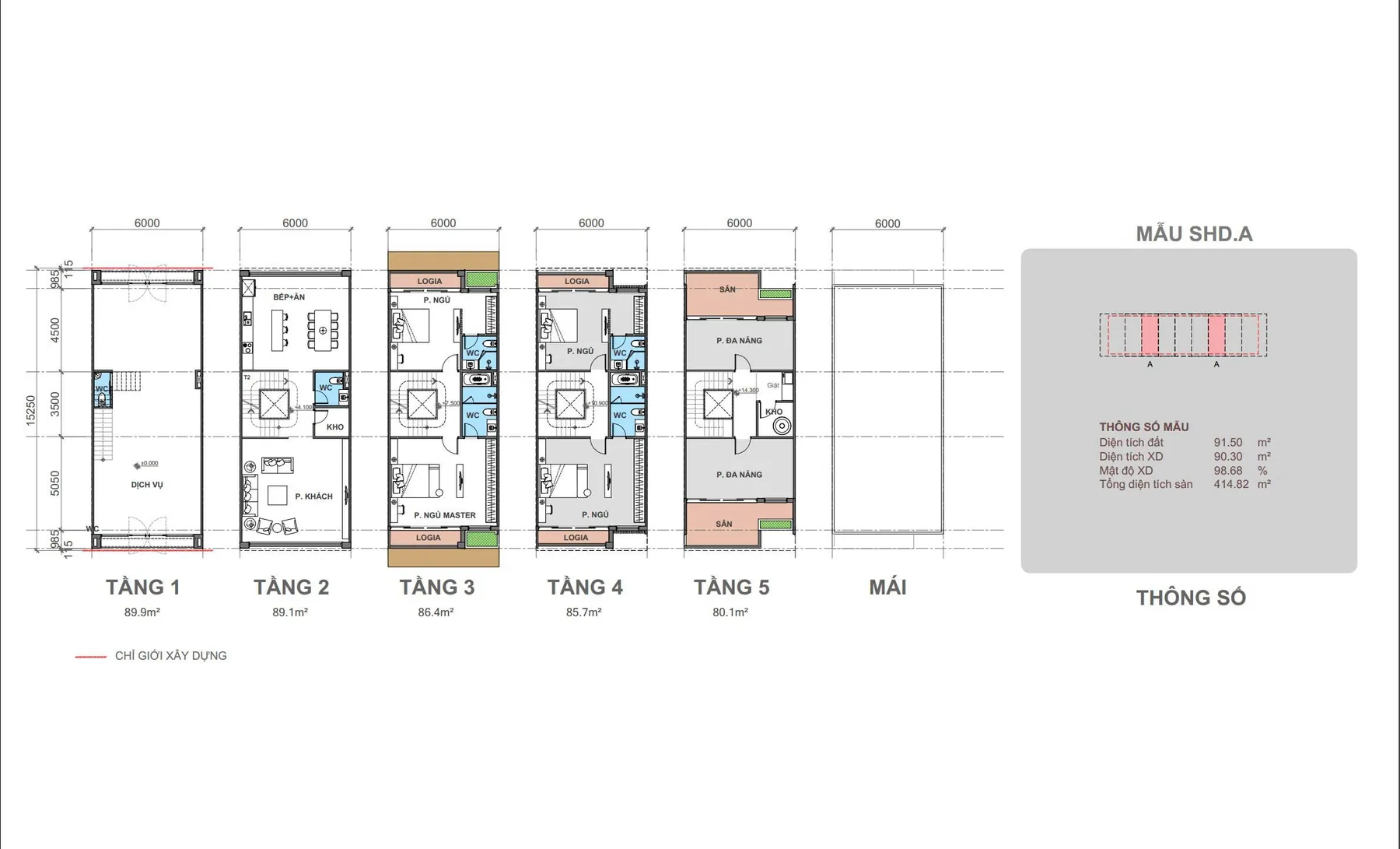 Mặt bằng 5 tầng mẫu shophouse SHD.A