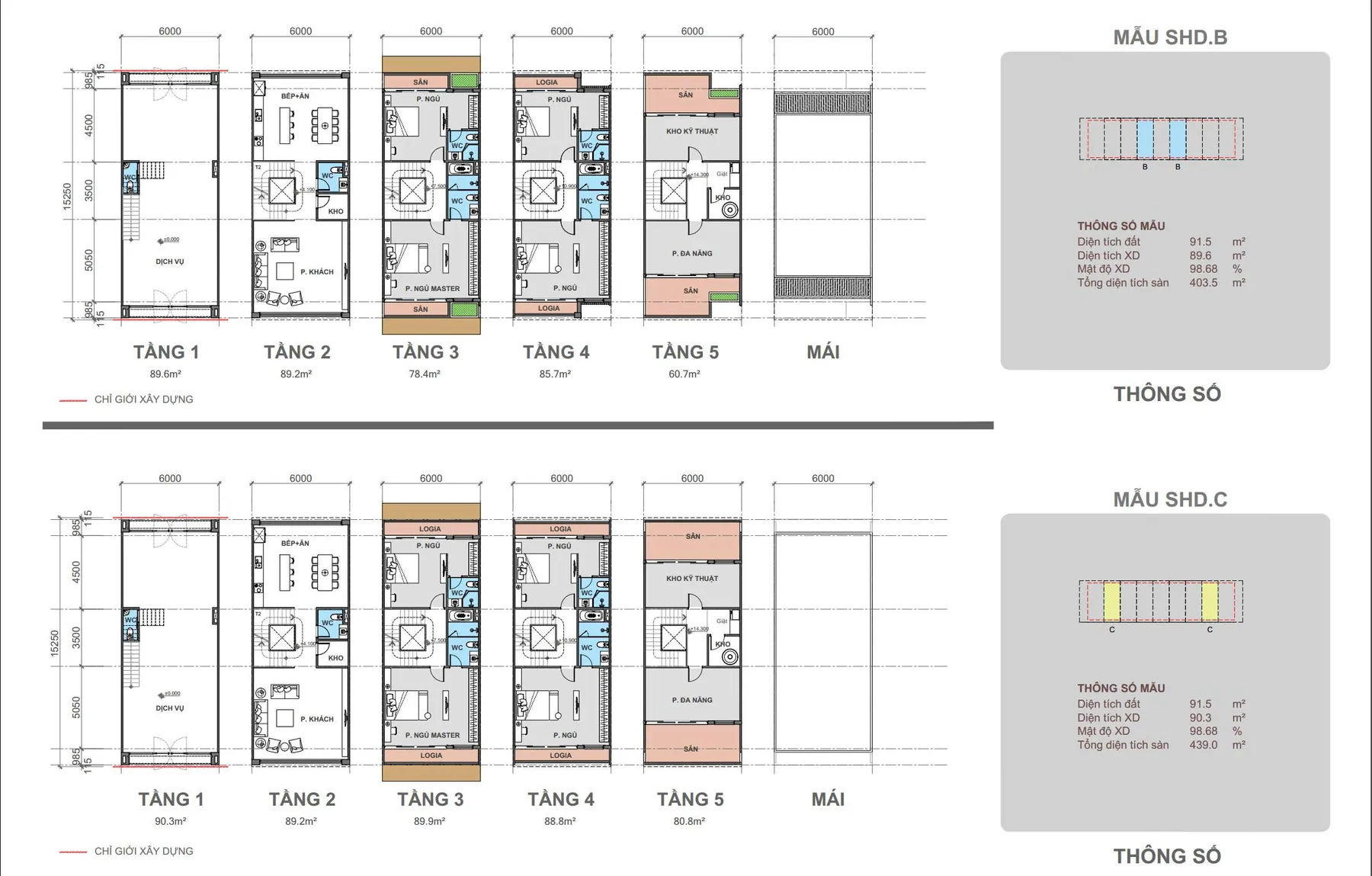 Mặt bằng 5 tầng mẫu shophouse SHD.B và SHD.C