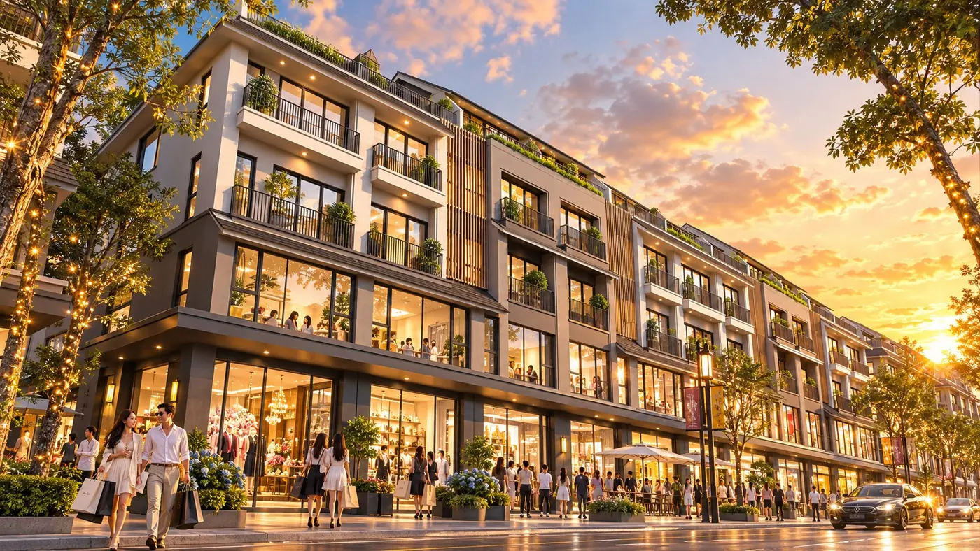 Phối cảnh dãy shophouse 5 tầng với khối đế kinh doanh