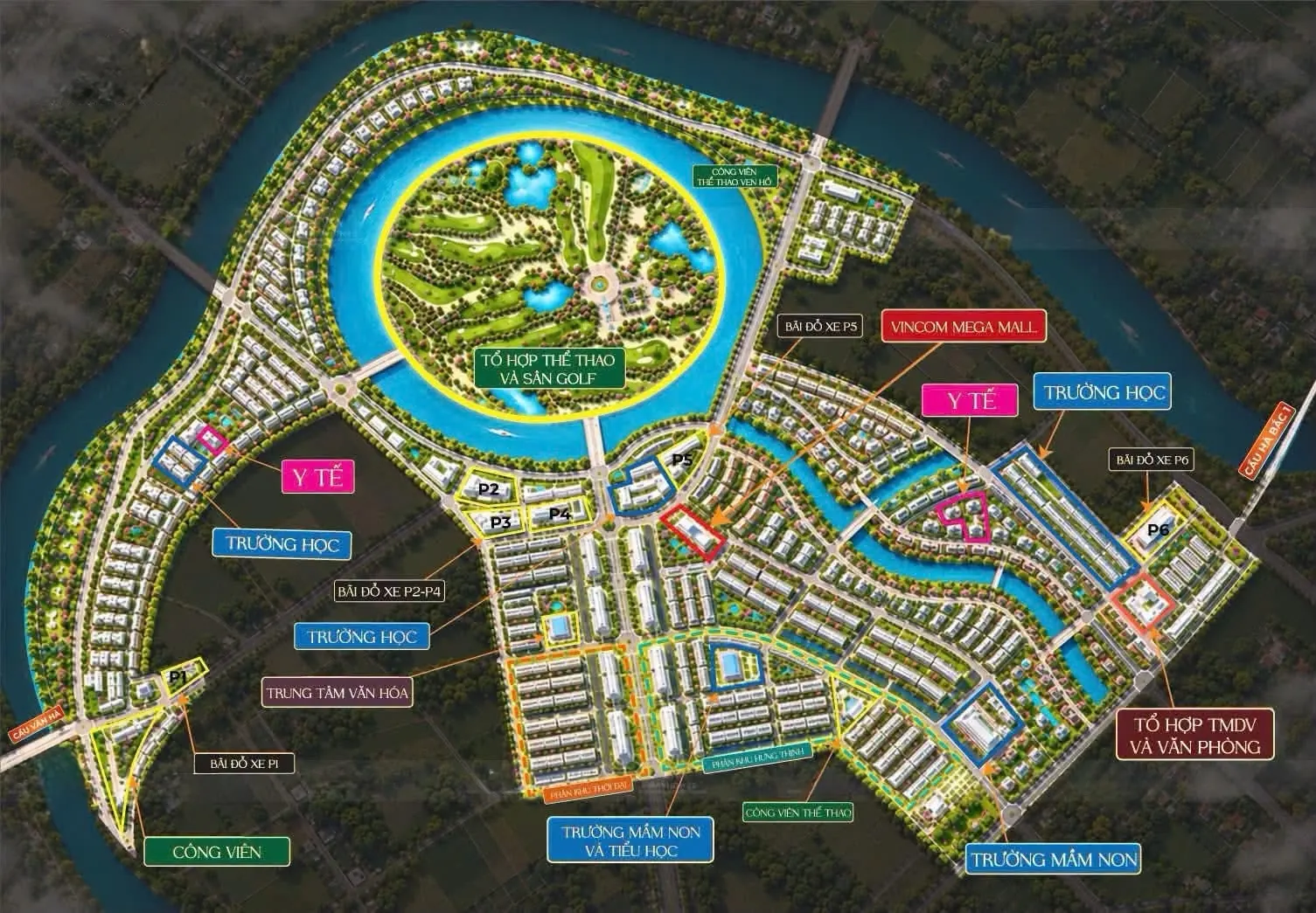 Bản đồ tiện ích nội khu: tổ hợp thể thao và sân golf, Vincom Mega Mall, trường học, y tế, công viên