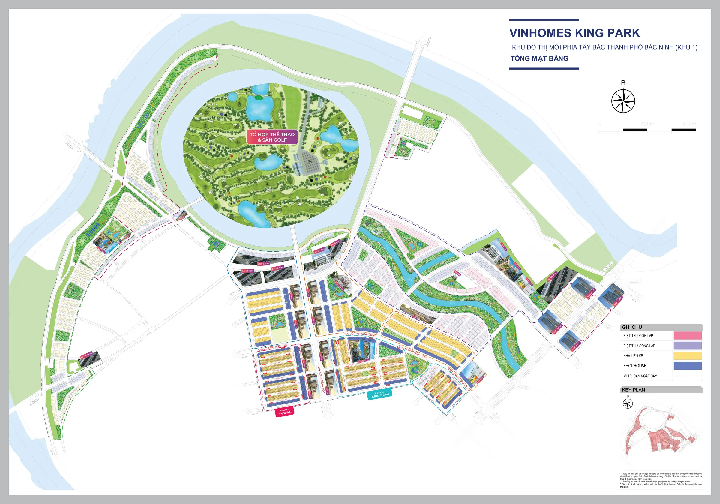 Tổng mặt bằng Vinhomes King Park với tổ hợp thể thao và sân golf trên bán đảo, phân khu Thời Đại và Hưng Thịnh